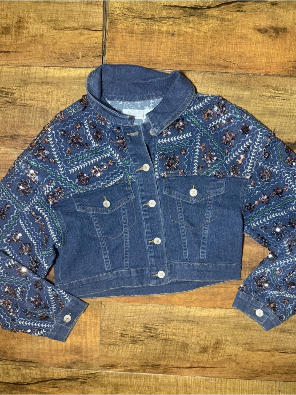 Embellished Denim Jacket Cropped Blue Sequin Embroidered Boho Western